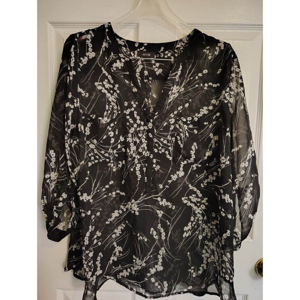 Apt. 9 Women’s Plus 1X Black White Sheer Chiffon Floral V-Neck Roll Tab Blouse